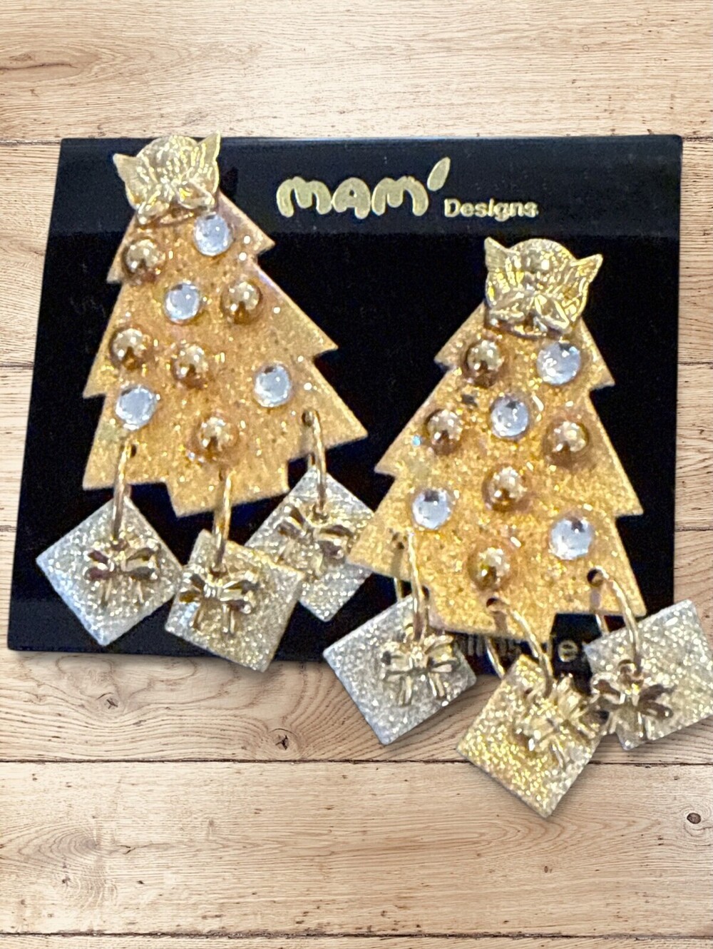 Vintage MAM Designs Christmas Tree Earrings 80s Rhinestone Kitsch Statement